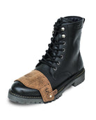 Black leather boot with brown patch on a white background