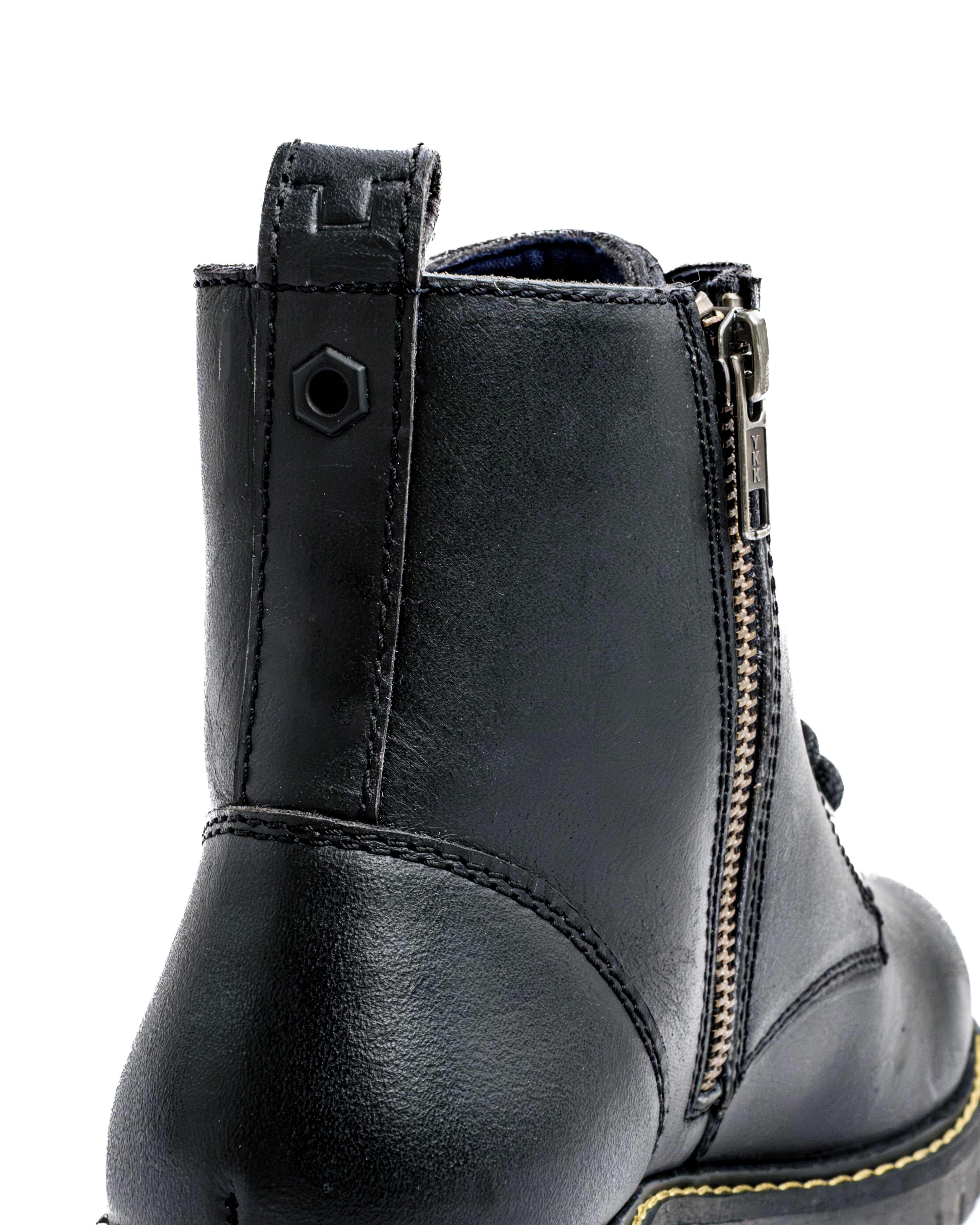 Black leather boot with a zipper on a white background