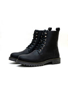 Full side view of black color handmade genuine leather derby boots with ankle, toe and heel protector for bikers in white background