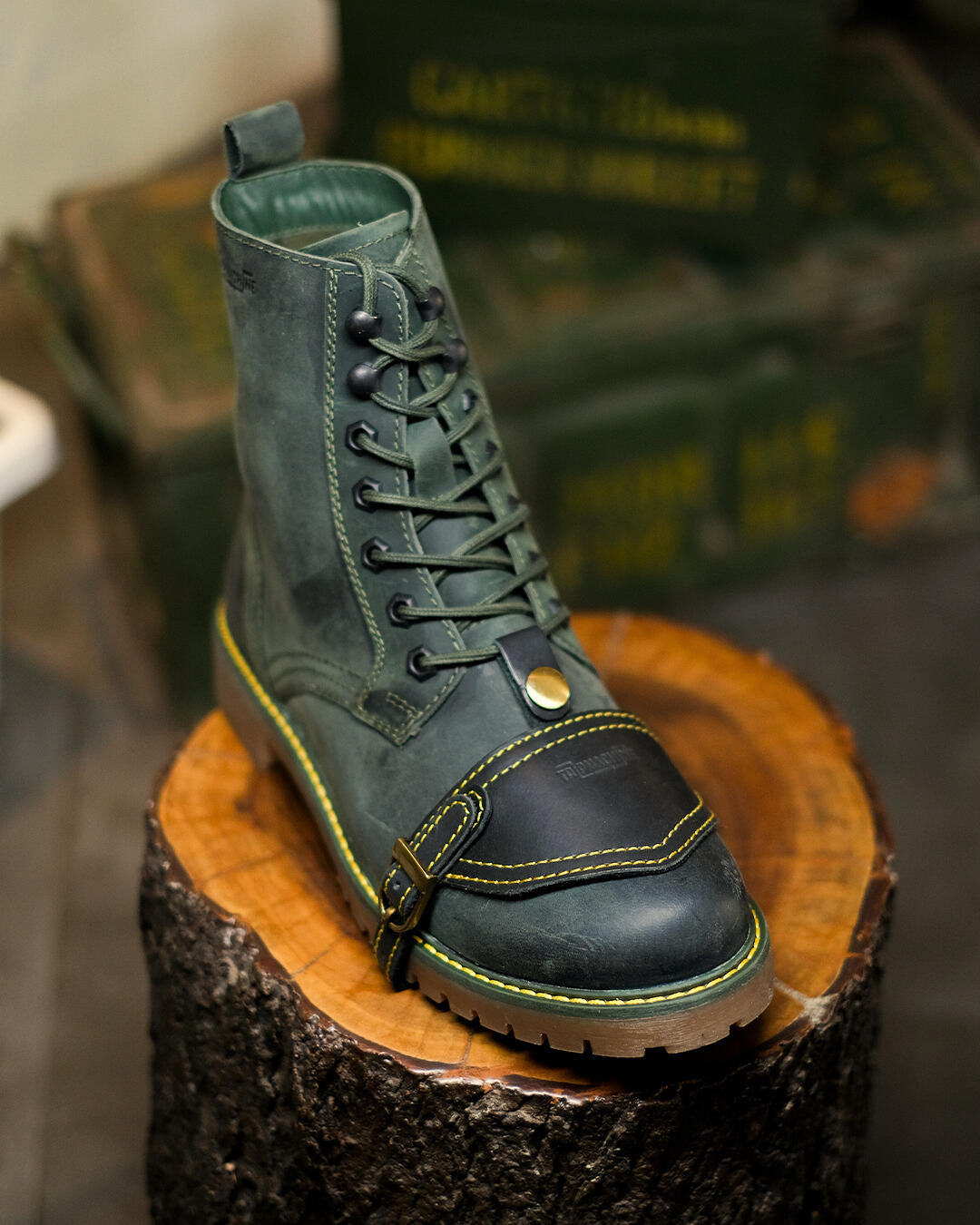 Front view of handmade genuine leather derby forest green boots with black shoe protector for bikers 