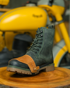Side view of handmade genuine leather derby forest green boots with tan shoe protector for bikers 
