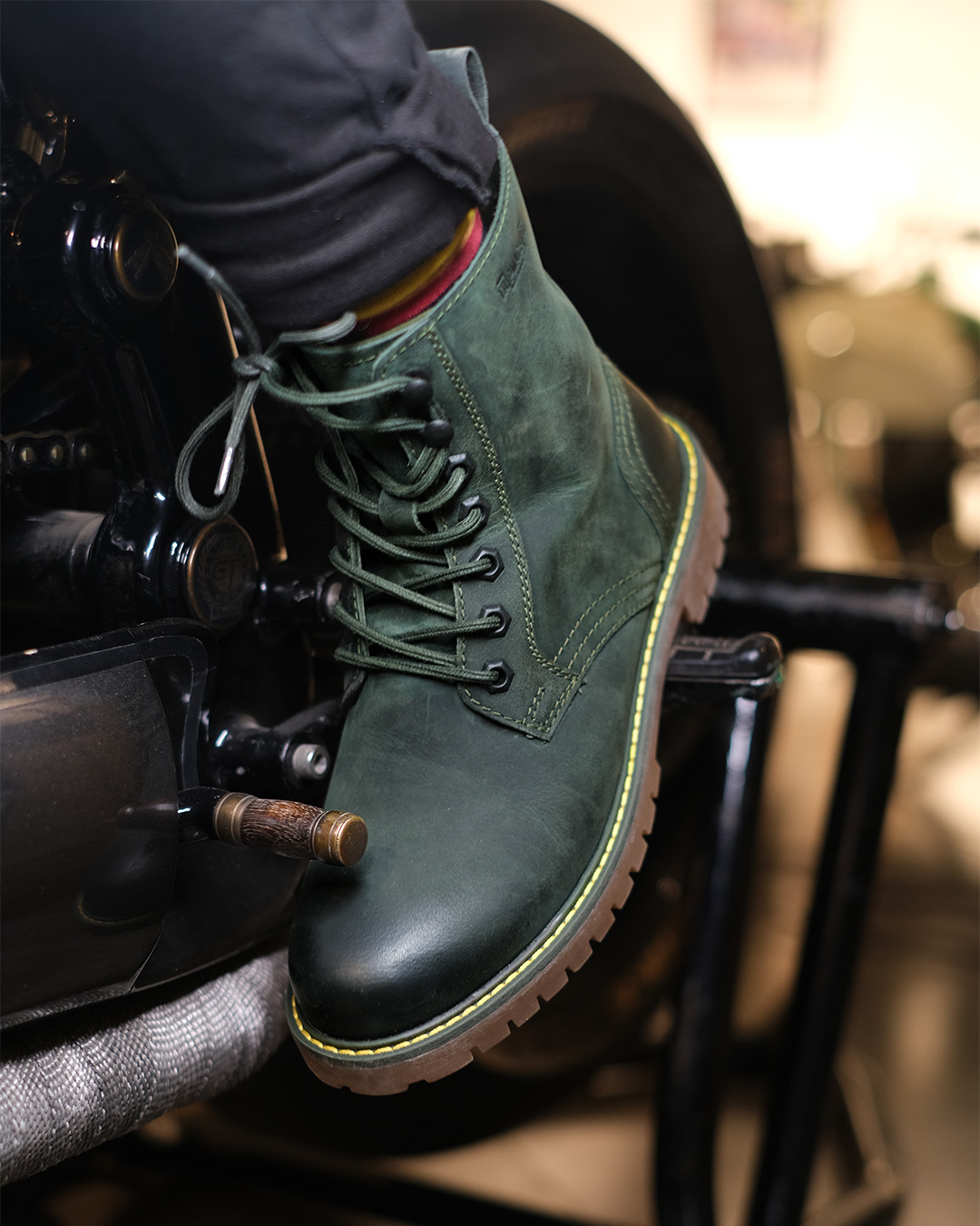 Toe proection while shifting gear of a bike with handmade genuine leather derby forest green boots with ankle and heel protector for bikers