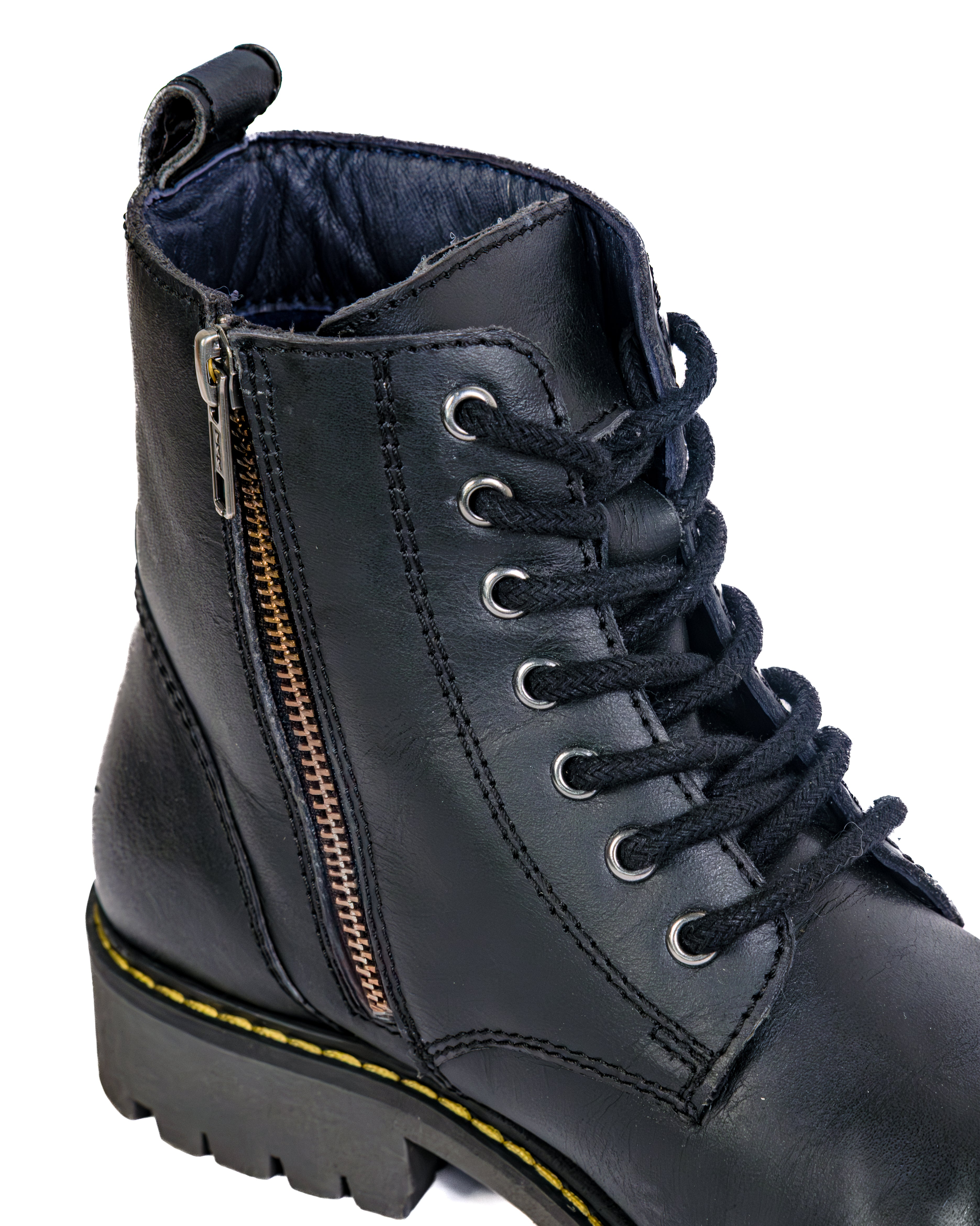 Black leather boot with a zipper on a white background