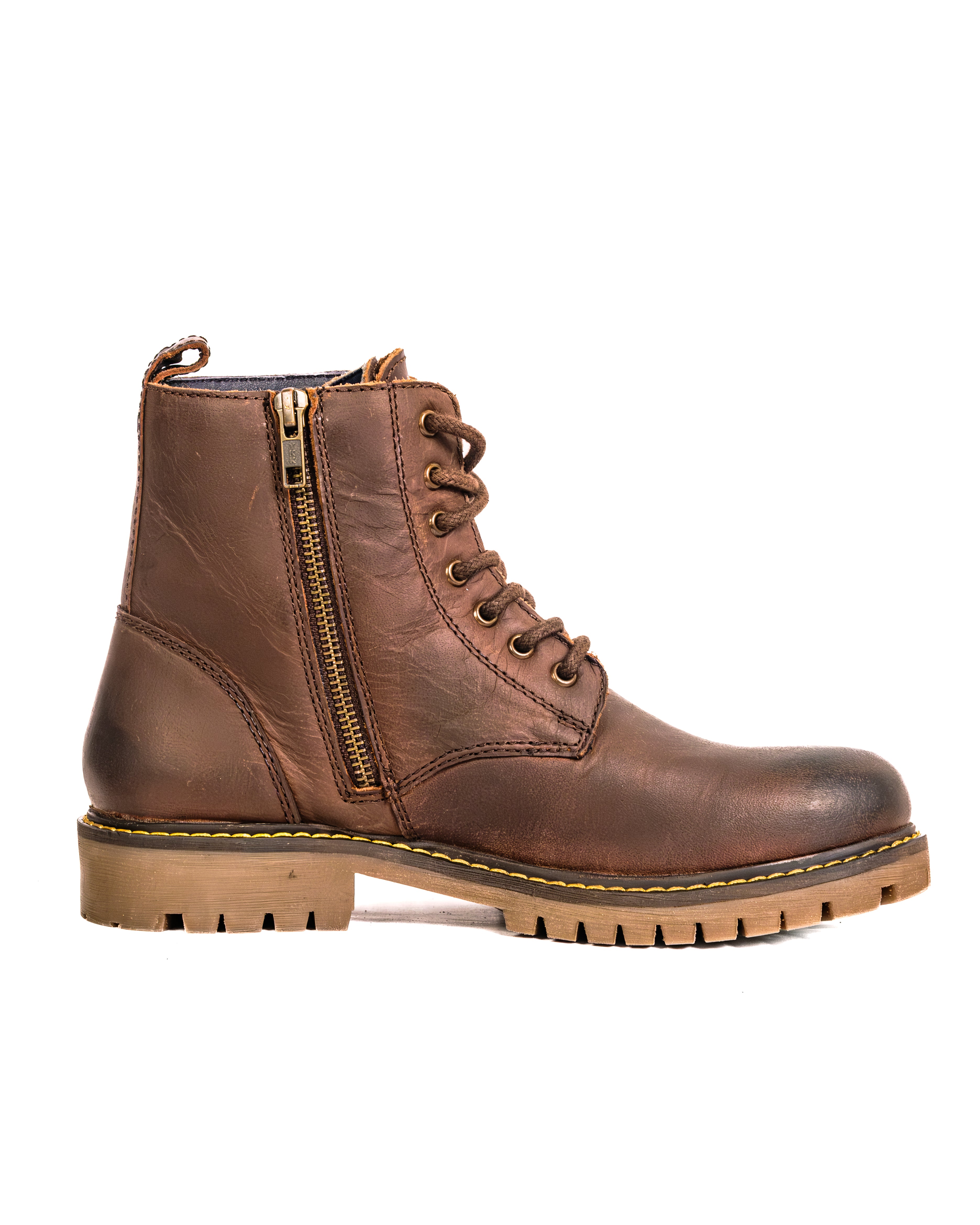 Brown leather boot with a zipper on a white background