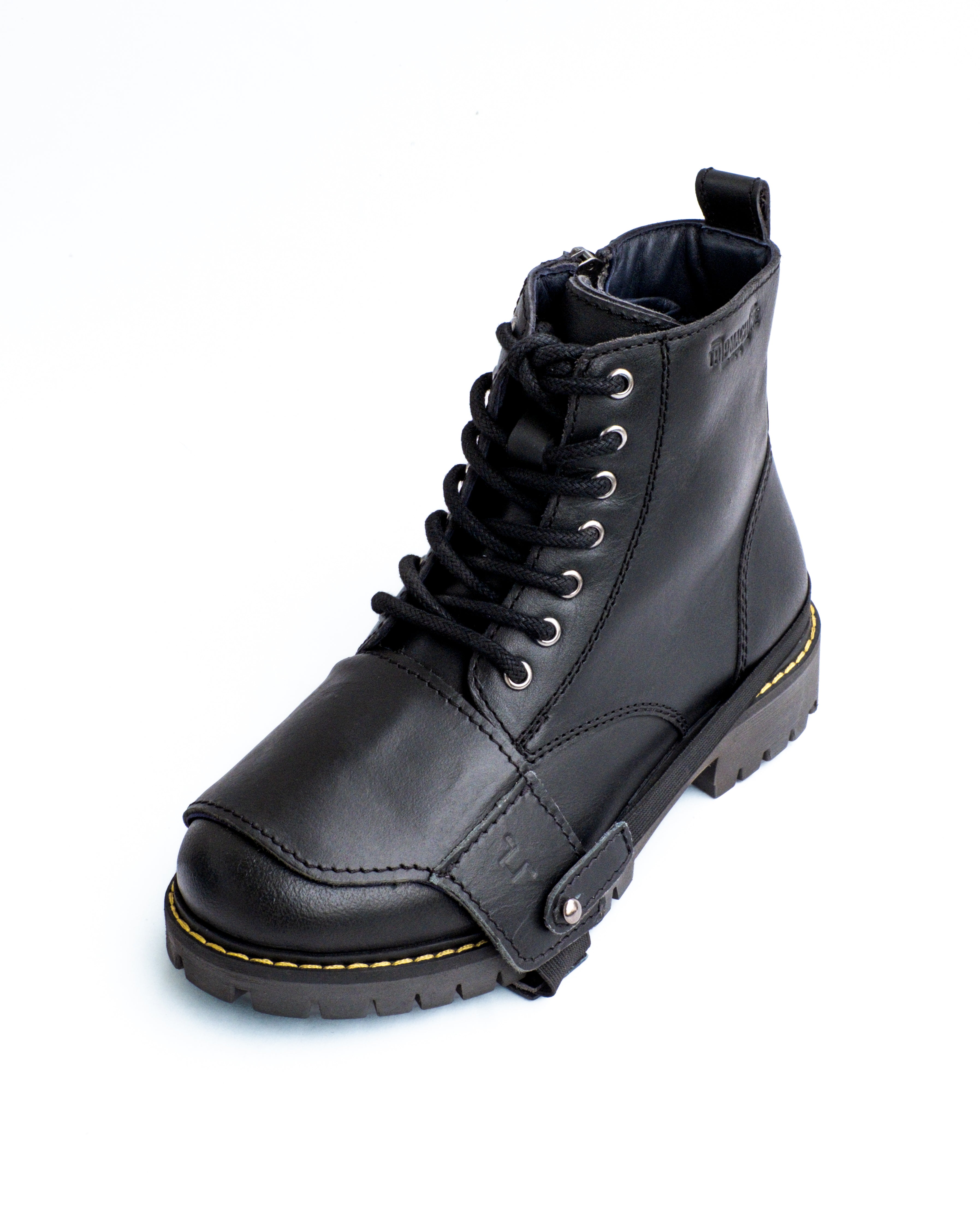 Black leather boot with laces on a white background